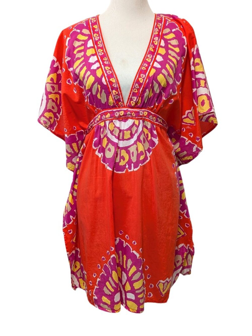 Trina Turk Womens Sz M Multicolor Waist Tie V-Neck Cotton Silk Coverup Top Flaw
